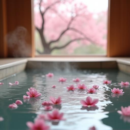 桜の花びらが浮かぶ静かなプライベート温泉